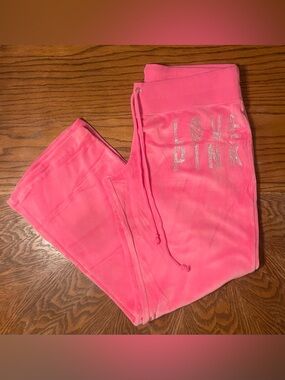 Victoria's Secret PINK Bling 'LOVE PINK' Velour Pants Size L-Hot Pink